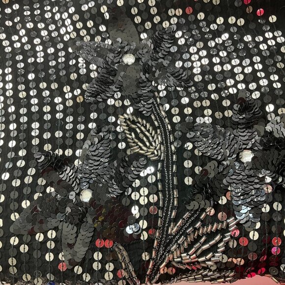 VTG Sequins Queen Medium Silk Beaded Top Black Silver Sequin Floral Embellished* - Picture 5 of 13